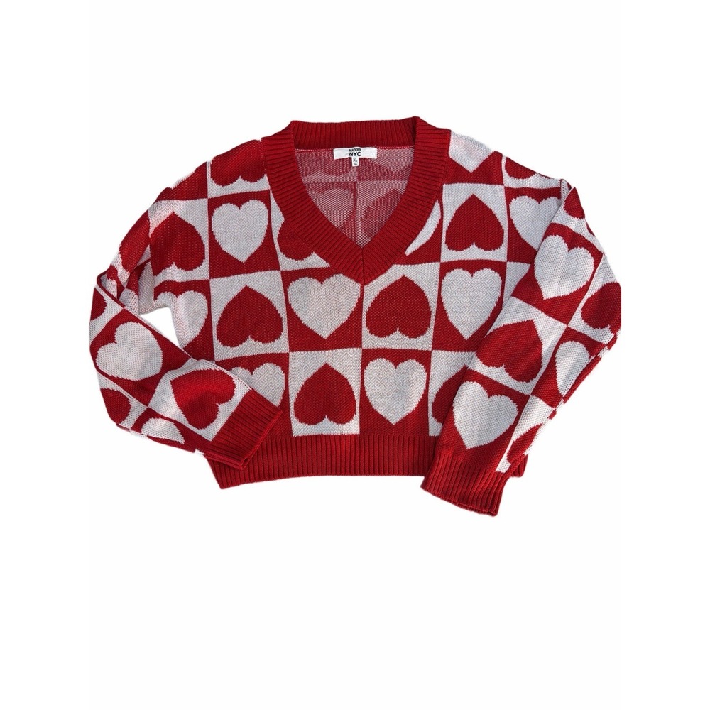 Madden NYC Red White Checkered Heart Cropped V-Neck Sweater XL